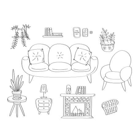 Interior elements. Details of cozy home. Sofa armchair fireplace, table, home plants. Linear hand drawn vector graphicのイラスト素材