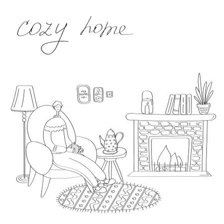 Happy man resting at home. Cozy house with fireplace. Seasonal concept for card, poster, sticker. Linear hand drawn illustrationのイラスト素材