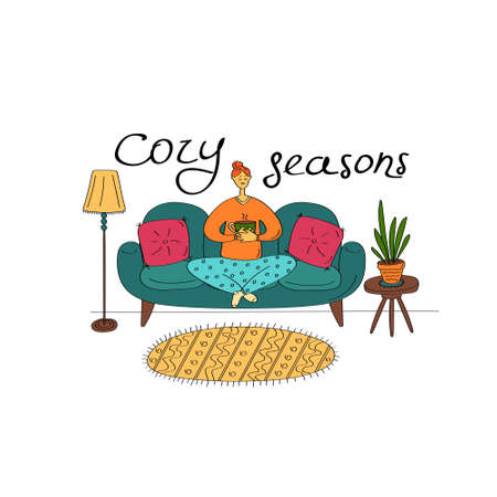 Cozy seasons. Cute young woman sitting on sofa and holding cup of tea. Cozy home interior. Flat hand drawn design for cards, posters, banners and seasonal designsのイラスト素材