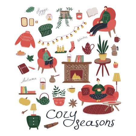 Cozy interior set. Autumn and winter season details. Flat vector graphicのイラスト素材