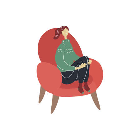 Happy young woman sitting in chair. Cozy home rest. Flat hand drawn vector illustrationのイラスト素材