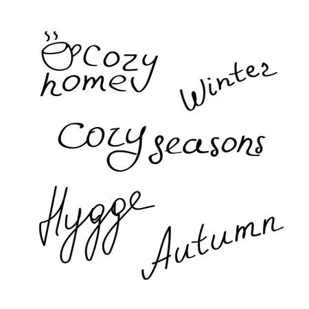Handwritten inscription about hygge. Hand drawn phrases about home comfort. Cozy conceptのイラスト素材
