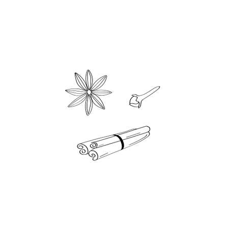 Spices set. Cinnamon sign. Star anise icon. Cloves image. Doodle hand drawn vector illustrationのイラスト素材