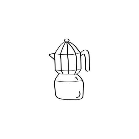 Coffee maker icon with italian pot. Moka pot. Geyser coffee maker. Doodle vector illustrationのイラスト素材