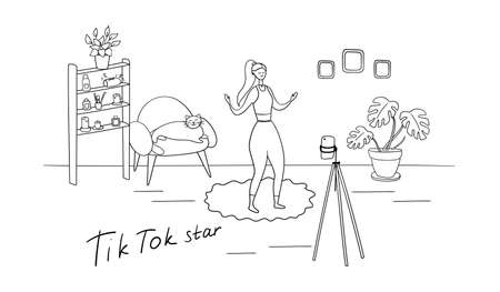 Dance star is recording video for her blog. Dance Challenge concept. Young woman learning moves with online classes and tutorials. Female influencer writes video blog for subscribers. Vectorのイラスト素材