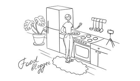Food blogger prepare food in kitchen live. Video online cook tutorials. Woman shares recipes with followers. Female influencer filming lesson on camera for video channel in kitchen studioのイラスト素材