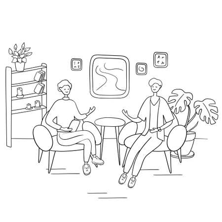 Interview show. Interviewer asks young man questions. Two men sit on chairs and talk. Hand drawn vector illustration in cartoon style.のイラスト素材