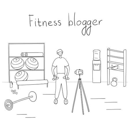 Fitness blogger. Young man records video. Sportsman shows exercises on blog. Internet star is broadcasting live for his followers. Vector illustration in cartoon style.のイラスト素材