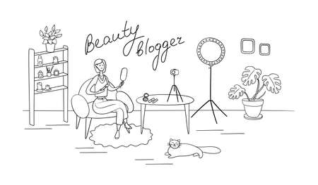Influencer girl shoots cosmetics product review. Beauty blogger woman filming makeup tutorial on camera. Young woman is recording video. Stylists tips vlog. Vector illustration.のイラスト素材