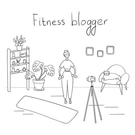 Fitness blogger. Young woman records video. Sportswoman shows exercises on blog. Internet star is broadcasting live for her followers. Vector illustration in cartoon style.のイラスト素材
