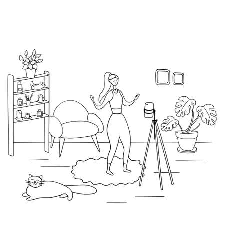 Blogger. Young woman records video. Dancer is dancing in front of camera. Girl shoots funny video for social networks. Vector hand drawn illustration in cartoon style.のイラスト素材
