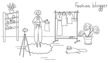 Fashion blogger showing trendy clothes to camera. Stylist influencer creates content for vlog. Young woman teaches to choose trendy outfit. Opinion leader gives advices for followers in her blog.のイラスト素材