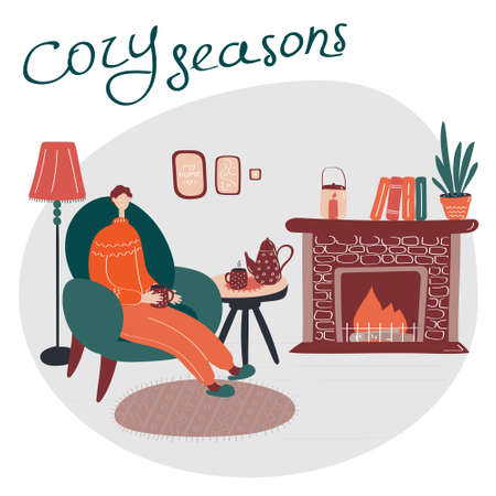 Young man is sitting on chair in his pajamas. Cozy living room interior. Quarantine concept. Staying at home, taking care of your health, self-isolation. Coronavirus pandemic, covid-19.のイラスト素材