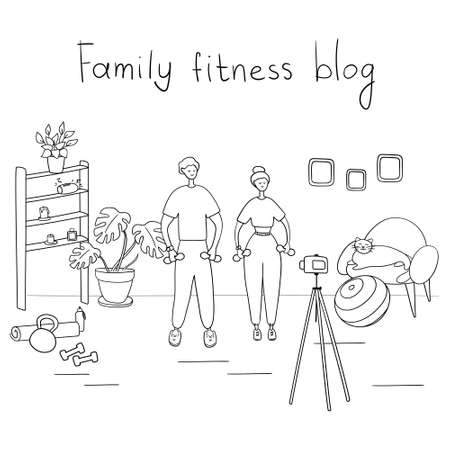 Fitness blog. Trainers record video for their followers. Remote workout concept. Sportsmen train and record video on camera. Cartoon vector illustrationのイラスト素材