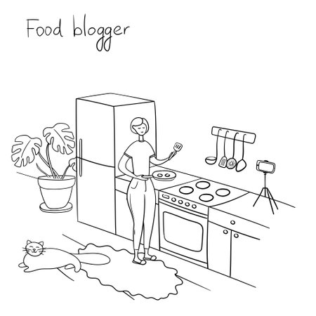 Food blogger. Young woman records video. Chef is cooking in kitchen. Housewife holds frying pan and stands by stove. Cartoon vector illustrationのイラスト素材