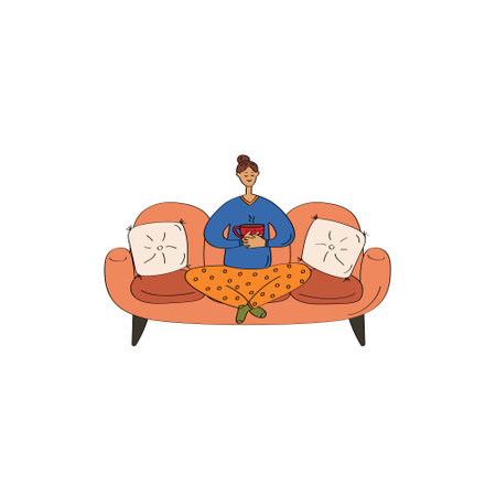 Woman in pajamas sitting on couch. Cozy home card. Hand drawn flat vector illustrationのイラスト素材
