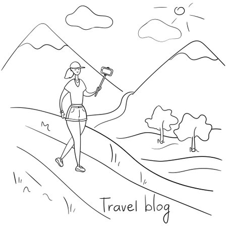 Travel blogger. Young woman records video. Girl takes off the vlog while traveling. YouTube star talks about life to her followers. Vector hand drawn illustration in cartoon styleのイラスト素材