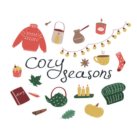 Cozy seasons. Set of hygge icons and handwritten lettering. Cute elements for posters, cards, stickers and seasonal designs. Hand drawn flat vector illustration in Scandinavian styleのイラスト素材