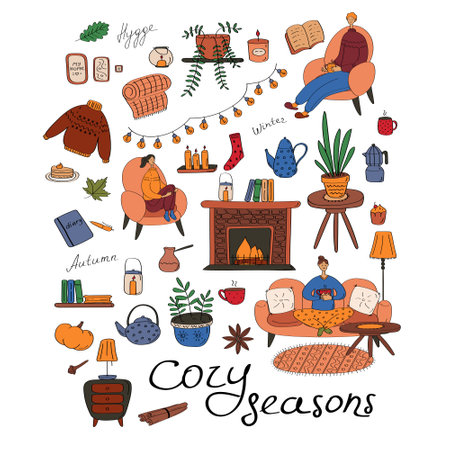 Warm and cozy set. Big collection of hygge elements. Seasonal concept. Flat vector iconsのイラスト素材