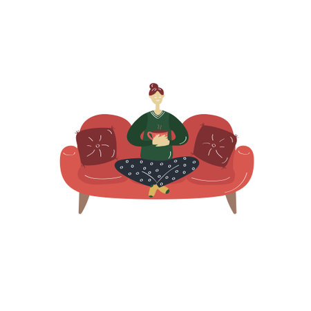 Young girl is sitting on sofa in her pajamas. Cozy illustration. Quarantine concept. Staying at home, taking care of your health, self-isolation. Coronavirus pandemic, covid-19のイラスト素材
