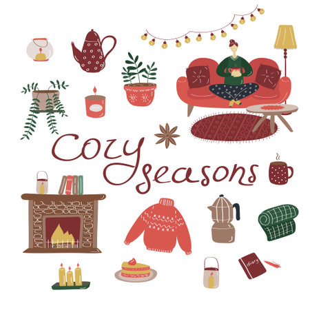 Cozy interior items. Details of hygge living room. Room in scandinavian style flat vector illustrationのイラスト素材