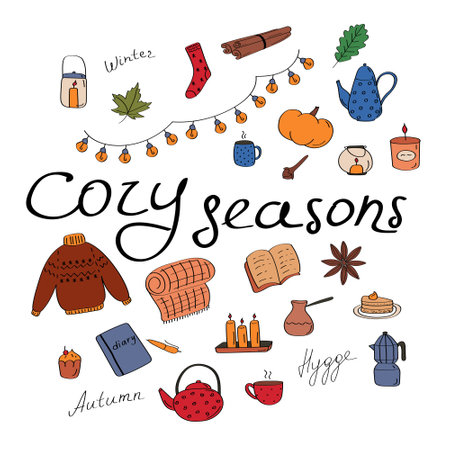 Cozy seasons. Big set of hygge icons and handwritten lettering. Cute elements for posters, cards, stickers and seasonal designs. Hand drawn flat vector illustration in Scandinavian styleのイラスト素材