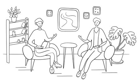 Male presenter asks famous celebrity on TV show. Popular man-star gives interview to television presenter in broadcast studio. Internet interview channel concept. Cartoon vector illustrationのイラスト素材