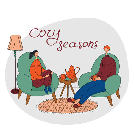Hygge mood. Young couple enjoying comfort of home. Husband and wife spend time at home. Flat vector illustration for card, poster, sticker, seasonal designs.のイラスト素材