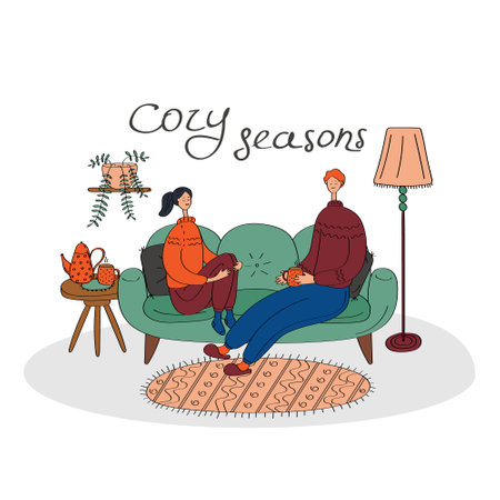 Hygge card with happy couple. Cozy home, stay home concept. Linear hand drawn vector illustration for poster, sticker, banner, seasonal designのイラスト素材