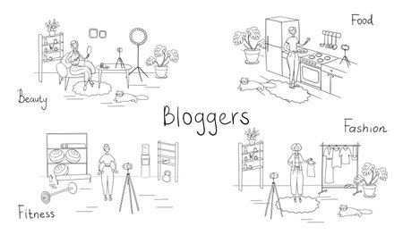 Set of bloggers and vloggers characters making internet content. Peoples creating video for their blog channel. Influencers shooting vlog. Vector cartoon illustrationのイラスト素材