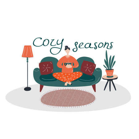 Young girl is sitting on sofa in her pajamas. Cozy illustration. Quarantine concept. Staying at home, taking care of your health, self-isolation.のイラスト素材