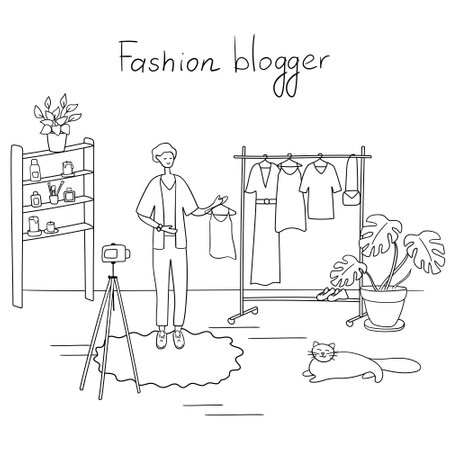 Fashion blogger. Young man is recording video for his followers. Guy tells how to dress stylishly. Vector linear illustrationのイラスト素材