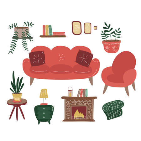 Sofa chair-fireplace, coffee table, bookshelf, table, blanket, houseplants. Interior elements set. Details of cozy home. Flat hand drawn vector graphicのイラスト素材