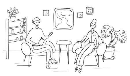 Male host asks famous celebrity on TV show. Popular woman-star gives interview to television presenter in broadcast studio. Internet interview channel concept. Cartoon vector illustrationのイラスト素材