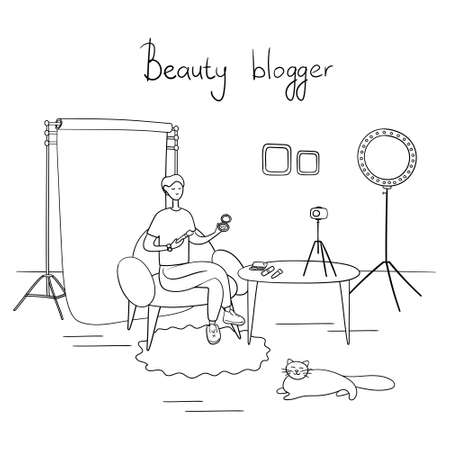 Beauty blogger. Young man records video. Makeup artist reviews cosmetics on his blog. Hand drawn vector illustration in cartoon styleのイラスト素材