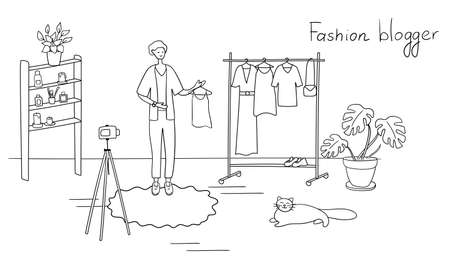 Fashion blogger showing trendy clothes to camera. Stylist influencer creates content for vlog. Young man teaches to choose trendy outfit. Opinion leader gives advices for followers in his blogのイラスト素材