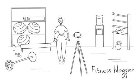Fitness blogger. Sportswoman broadcasting vlog for followers. Athlete records video set of exercises for her subscribers. Remote workout training concept. Cartoon vector illustrationのイラスト素材
