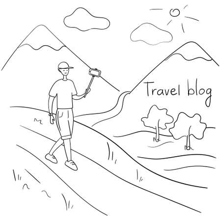 Travel blogger. Young man records video. Guy takes off the vlog while traveling. Social media star talks about life to his followers. Vector hand drawn illustration in cartoon styleのイラスト素材
