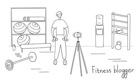 Man blogger is recording content for his video blog. Young male vlogger doing exercises. Sportsman streaming for his followers with camera on tripod. Fitness and healthy lifestyle concept. Vectorのイラスト素材