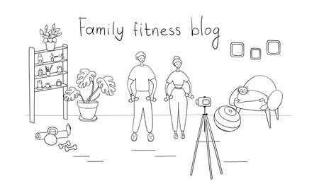 Family fitness blog. Bloggers are recording content for their video blog. Athletes are broadcasting to their subscribers with camera on tripod. Fitness and healthy lifestyle concept. Vectorのイラスト素材