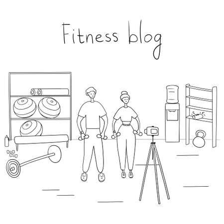 Fitness blog. Trainers record video for their followers. Remote workout concept. Sportsmen train and record video on camera. Cartoon vector illustrationのイラスト素材