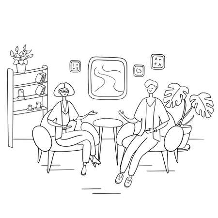 Interview show. Interviewer asks young man questions. Two people sit on chairs and talk. Hand drawn vector illustration in cartoon styleのイラスト素材