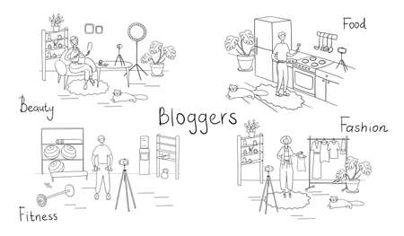 Bloggers set. Different vloggers shoot videos for their followers. Influencers create content for their blog channel. Cartoon vector illustrationのイラスト素材