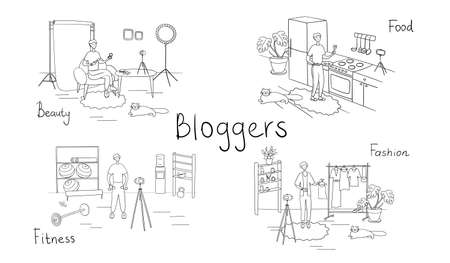 Set of bloggers and vloggers characters making internet content. Peoples creating video for their blog channel. Influencers shooting vlog. Vector cartoon illustrationのイラスト素材