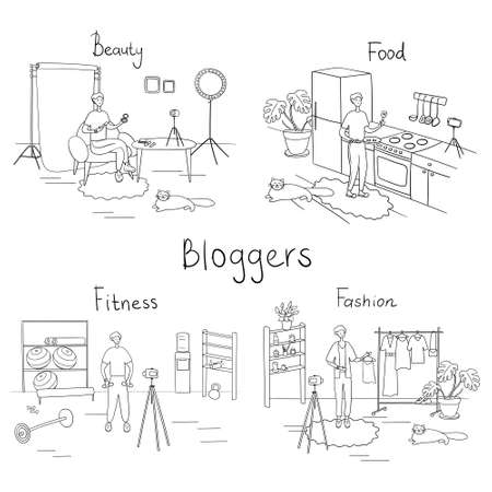 Bloggers. Vector set of different people on internet videos. Cartoon vector illustrationのイラスト素材