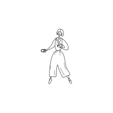 Young woman walks and speaks on phone. Happy girl answers call using headphones pods. Female talks on smartphone on the go. Character runs and listens to music, podcast in headphonesのイラスト素材
