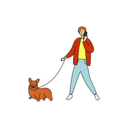 Red hair man speaks on phone and walks dog. Pretty guy holds phone and leads dog on leash. Male walking with pet. Young man is chatting on phone. Talking on phone on go. Vector hand drawn illustrationのイラスト素材