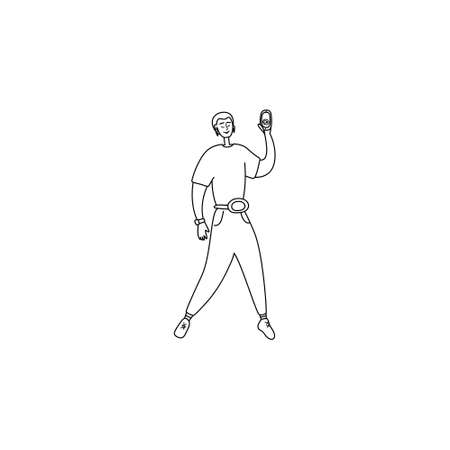 Asian man walks and shoots video for blog. Blogger is streaming, recording vlog. Male character holding phone in hand and smiling at camera. Young guy communicates via video link. Cartoon graphicのイラスト素材