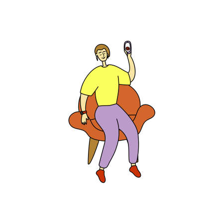 Beautiful attractive blond man holds phone in his hand. Pretty guy is recording video for blog. Stylish man takes a selfie. Vlog for subscribers, shooting video on the phone. Cartoon vector graphicのイラスト素材
