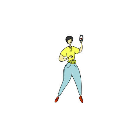 Young woman talking by video call on the go. Asian woman records video for blog. Girl shoots vlog.のイラスト素材